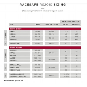 Racesafe RS2010 aikuisten palaturvaliivi koko taulukko